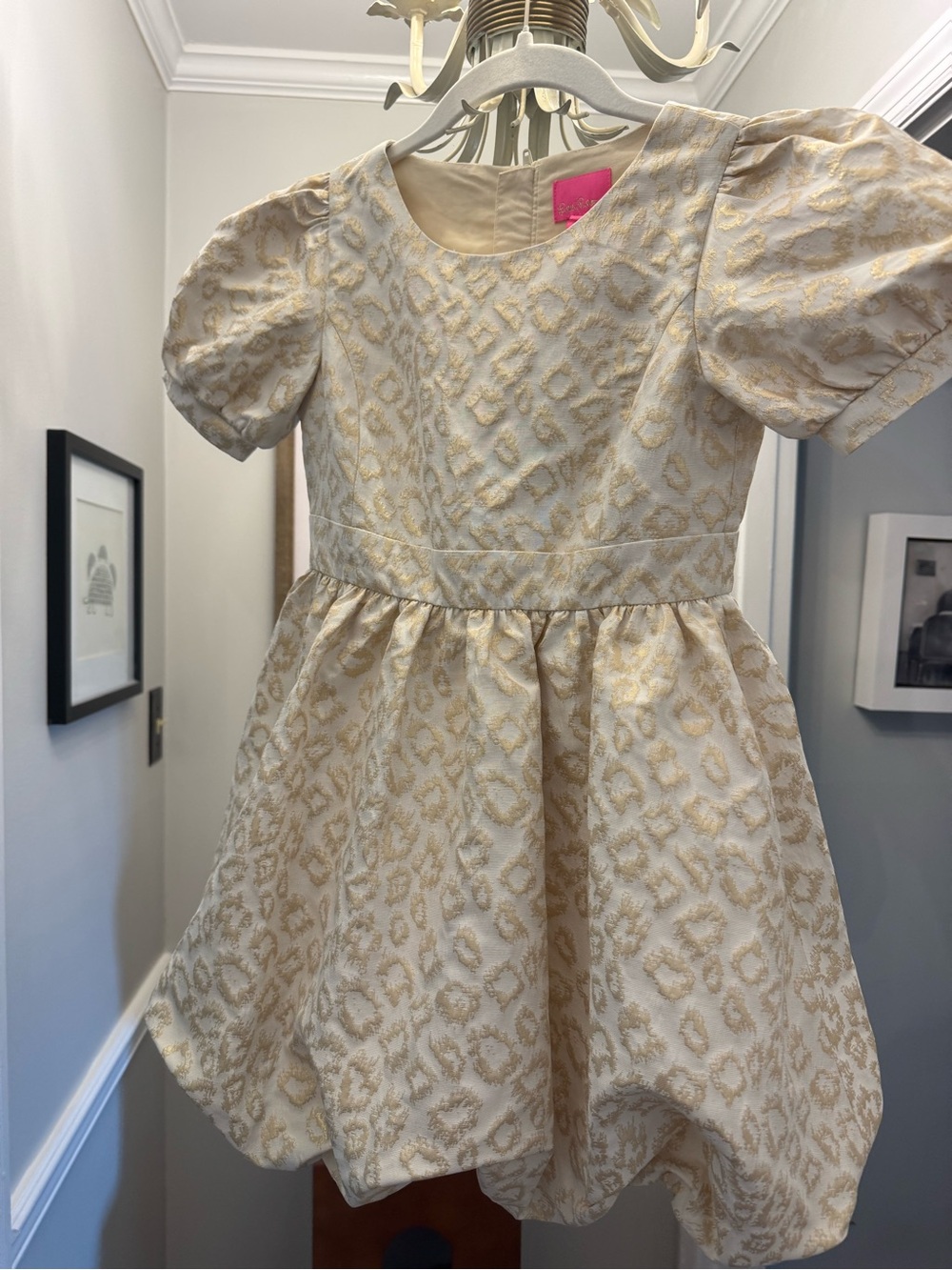 Lilly Pulitzer Cream and Gold Leopard Jacquard Puff Sleeve Dress